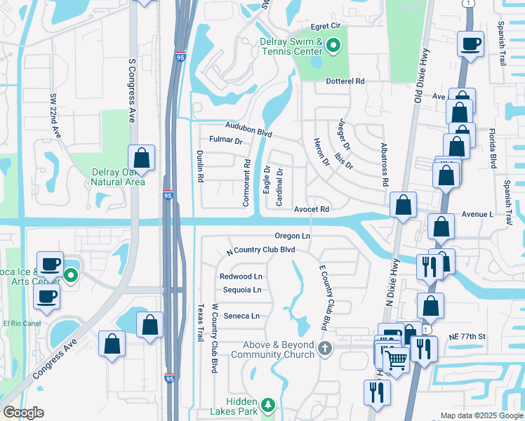 map of restaurants, bars, coffee shops, grocery stores, and more near 3113 Cormorant Road in Delray Beach
