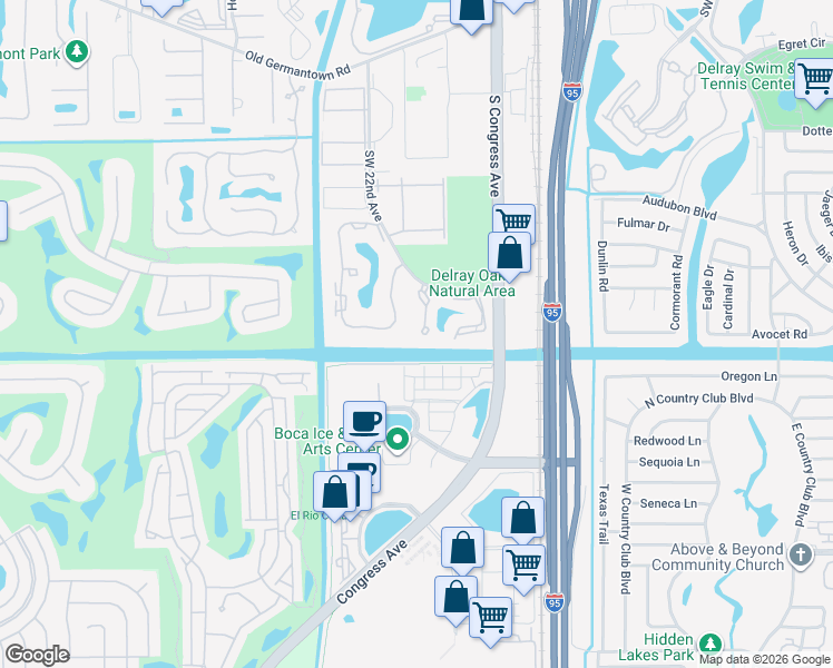 map of restaurants, bars, coffee shops, grocery stores, and more near 2942 Southwest 22nd Circle in Delray Beach