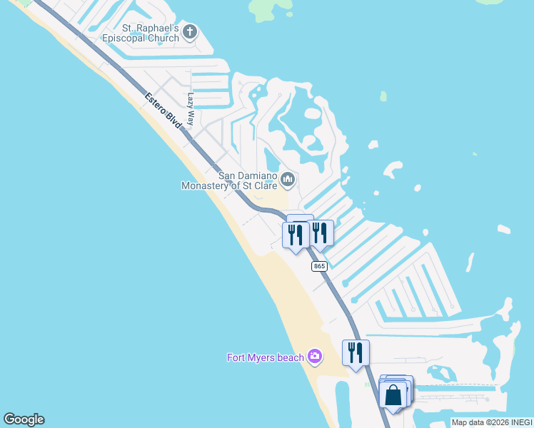 map of restaurants, bars, coffee shops, grocery stores, and more near 6020 Estero Boulevard in Fort Myers Beach