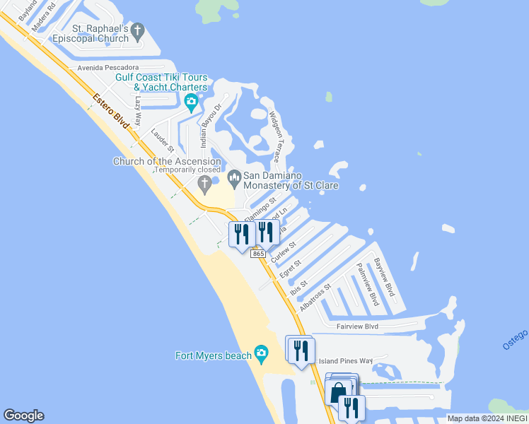 map of restaurants, bars, coffee shops, grocery stores, and more near 180 Flamingo Street in Fort Myers Beach