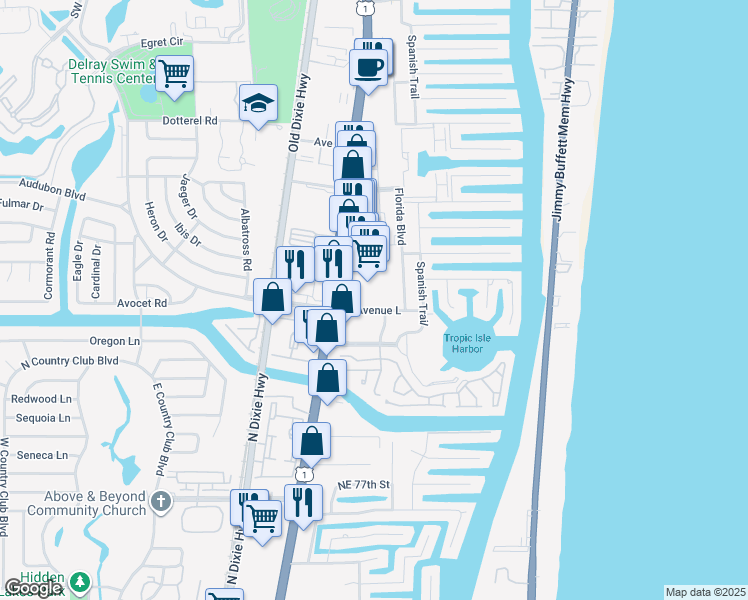 map of restaurants, bars, coffee shops, grocery stores, and more near 165 Avenue L in Delray Beach