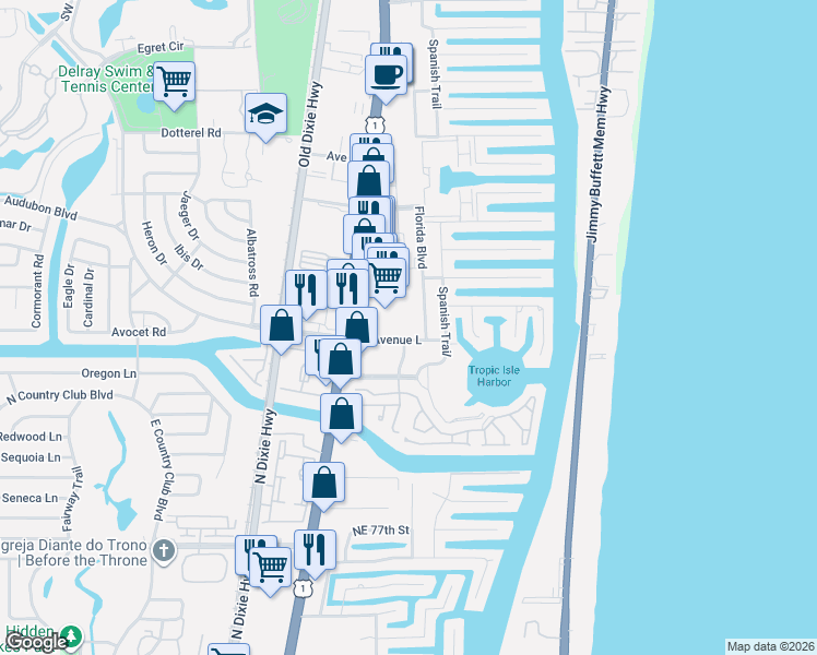 map of restaurants, bars, coffee shops, grocery stores, and more near 165 Avenue L in Delray Beach