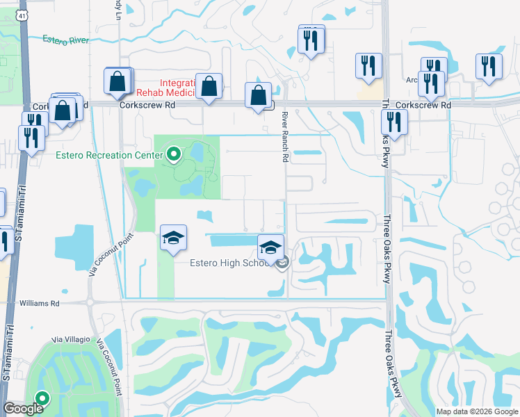 map of restaurants, bars, coffee shops, grocery stores, and more near 21670 Red Latan Way in Estero