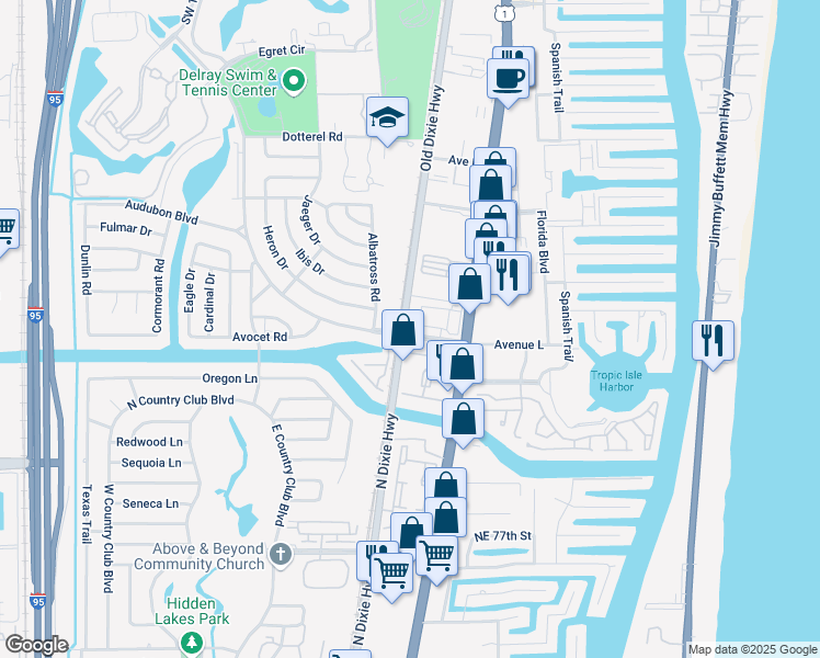 map of restaurants, bars, coffee shops, grocery stores, and more near 242 South Latitude Circle in Delray Beach