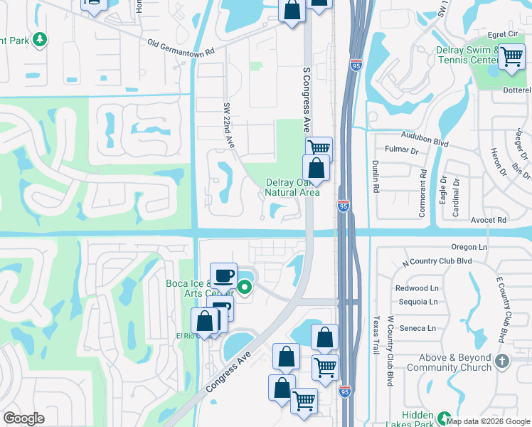 map of restaurants, bars, coffee shops, grocery stores, and more near 2942 Southwest 22nd Circle in Delray Beach