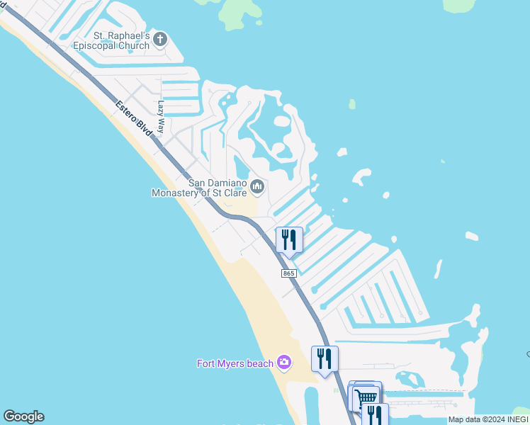 map of restaurants, bars, coffee shops, grocery stores, and more near 95 Mound Road in Fort Myers Beach