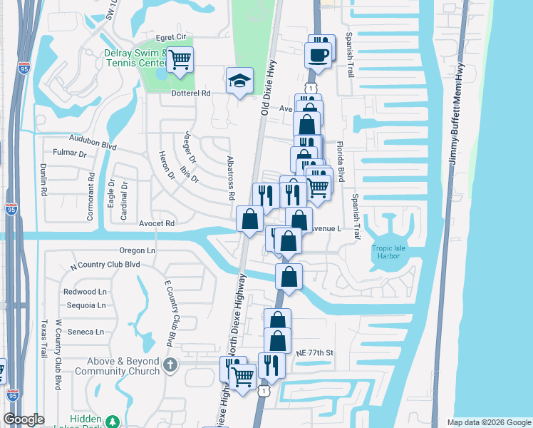 map of restaurants, bars, coffee shops, grocery stores, and more near 212 South Latitude Circle in Delray Beach