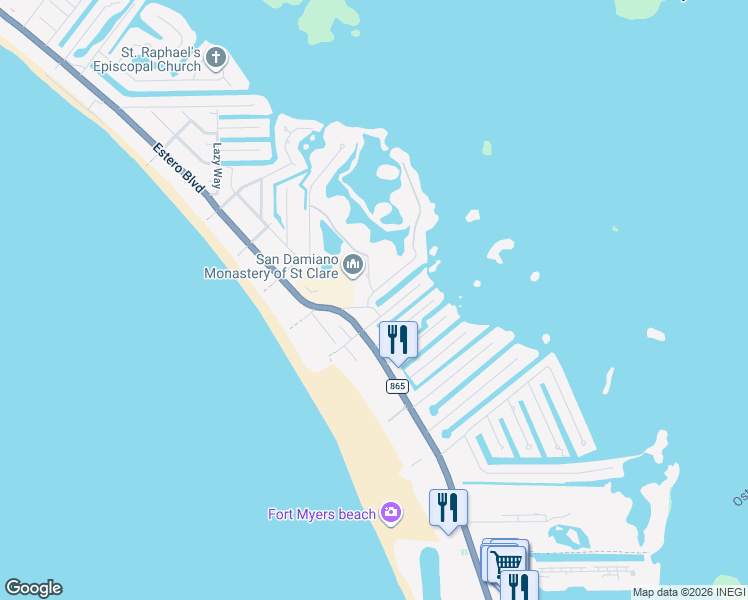 map of restaurants, bars, coffee shops, grocery stores, and more near 95 Mound Road in Fort Myers Beach