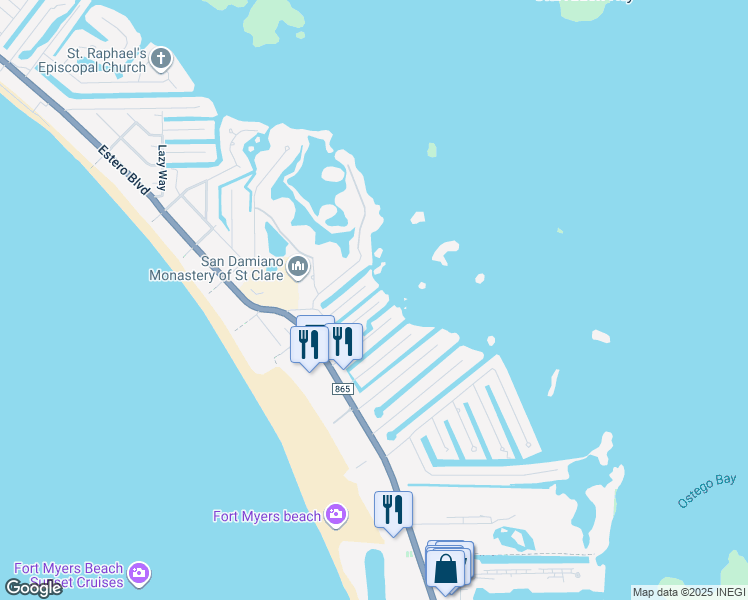 map of restaurants, bars, coffee shops, grocery stores, and more near 269 Driftwood Lane in Fort Myers Beach