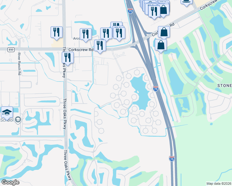 map of restaurants, bars, coffee shops, grocery stores, and more near 10741 Rio Mar Circle in Estero