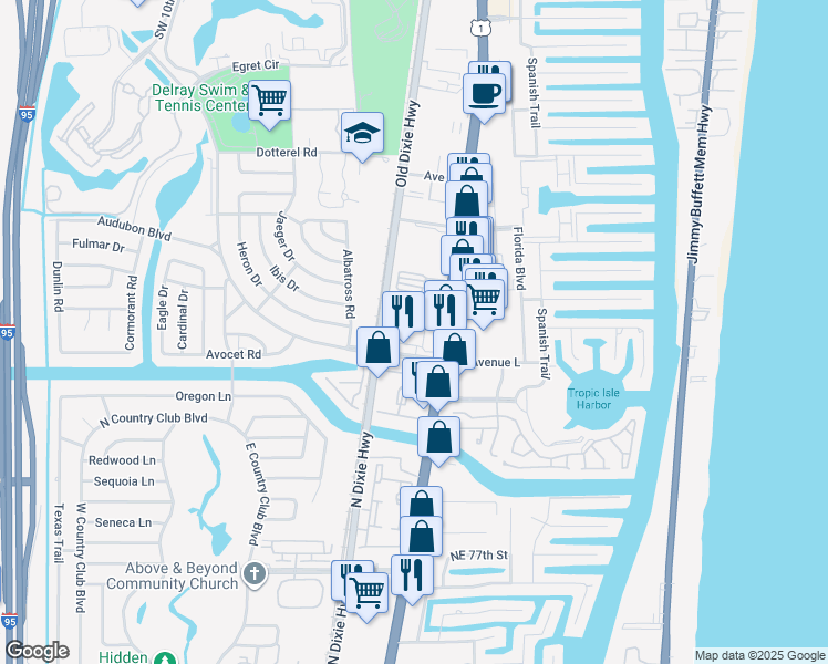 map of restaurants, bars, coffee shops, grocery stores, and more near 226 North Latitude Circle in Delray Beach