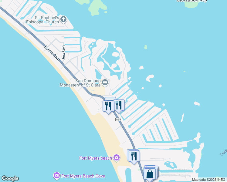map of restaurants, bars, coffee shops, grocery stores, and more near 180 Flamingo Street in Fort Myers Beach