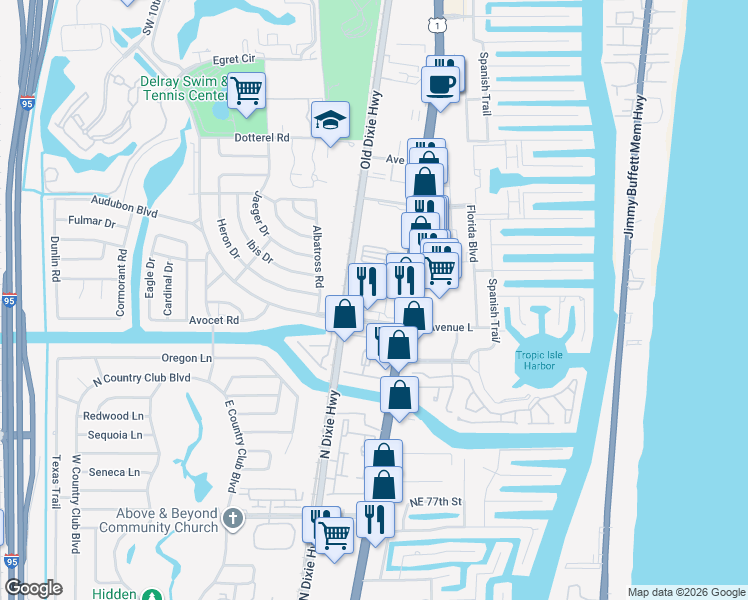 map of restaurants, bars, coffee shops, grocery stores, and more near 212 South Latitude Circle in Delray Beach