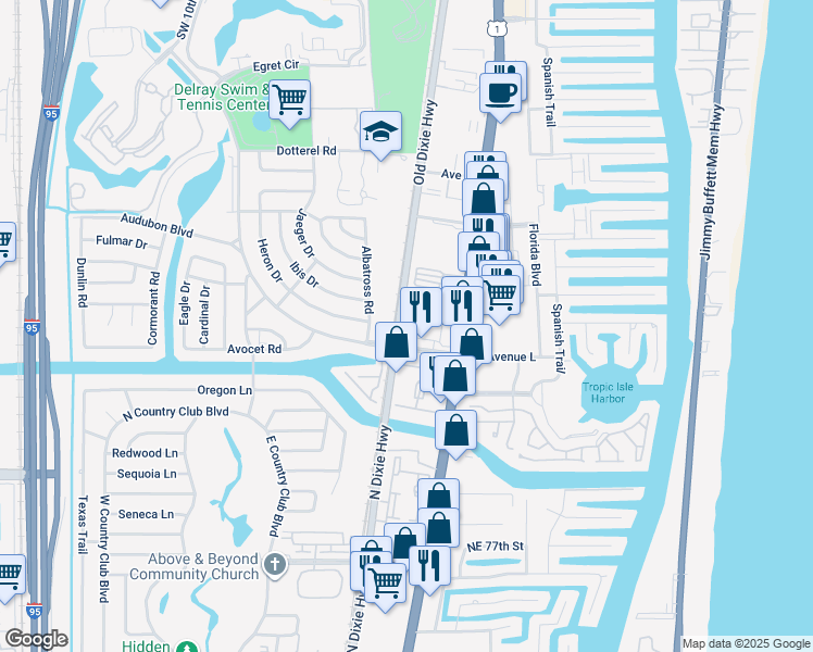 map of restaurants, bars, coffee shops, grocery stores, and more near 242 South Latitude Circle in Delray Beach