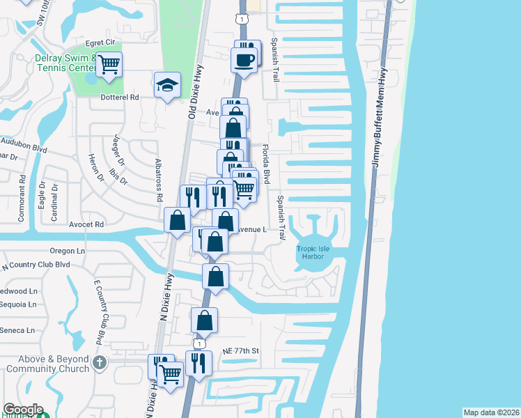 map of restaurants, bars, coffee shops, grocery stores, and more near 701 Avenue L in Delray Beach