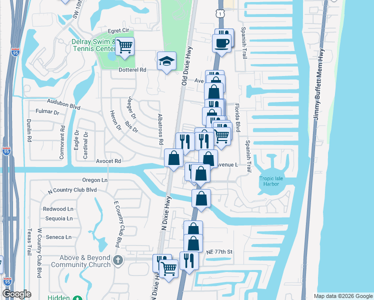 map of restaurants, bars, coffee shops, grocery stores, and more near 212 South Latitude Circle in Delray Beach