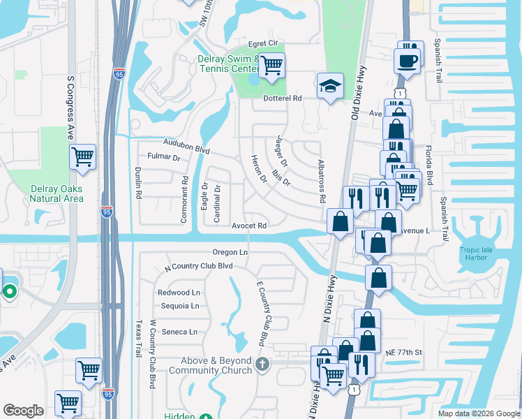 map of restaurants, bars, coffee shops, grocery stores, and more near 803 Bluebird Drive in Delray Beach
