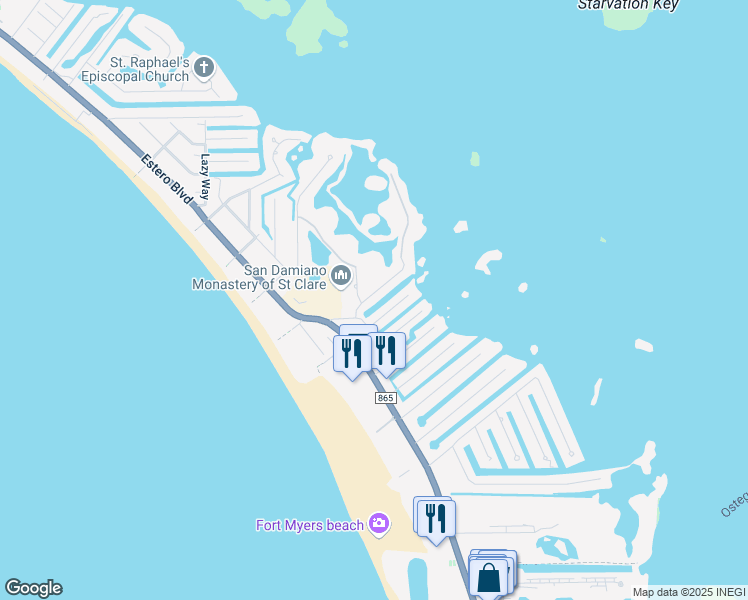 map of restaurants, bars, coffee shops, grocery stores, and more near 180 Flamingo Street in Fort Myers Beach