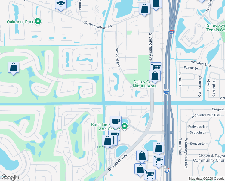 map of restaurants, bars, coffee shops, grocery stores, and more near 2920 Southwest 22nd Circle in Delray Beach