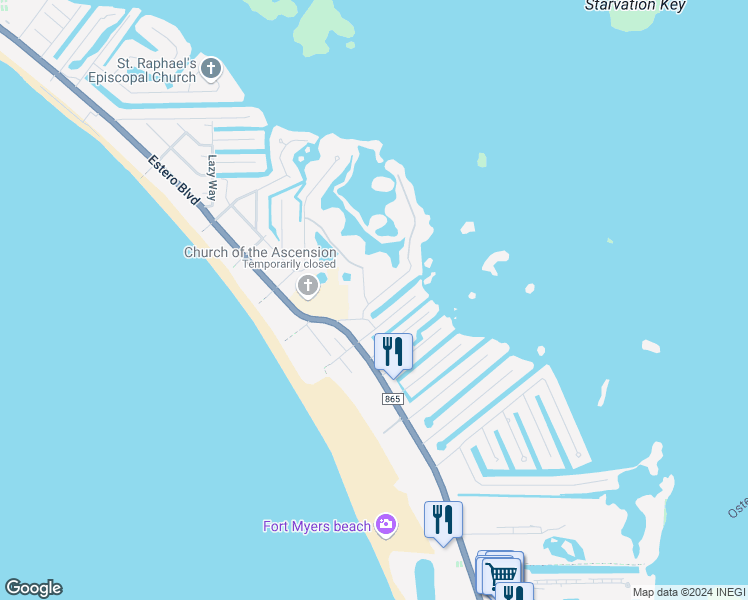 map of restaurants, bars, coffee shops, grocery stores, and more near 180 Flamingo Street in Fort Myers Beach