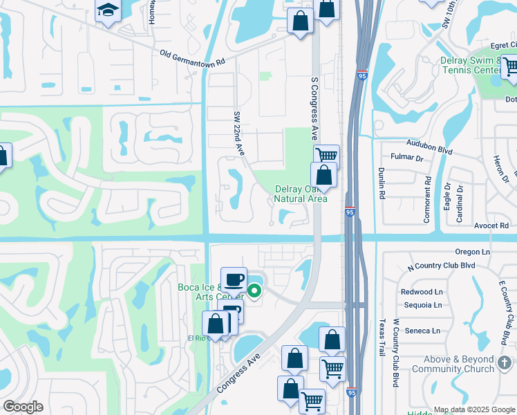 map of restaurants, bars, coffee shops, grocery stores, and more near 2948 Southwest 22nd Circle in Delray Beach