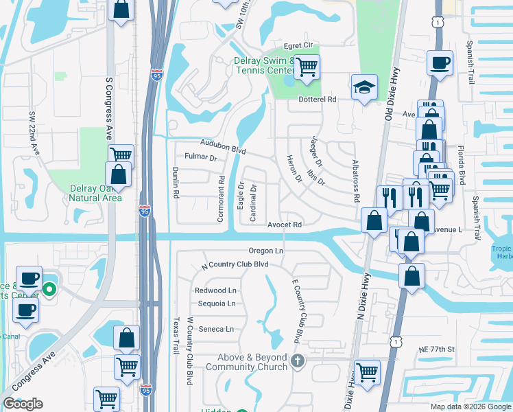 map of restaurants, bars, coffee shops, grocery stores, and more near 3089 Cardinal Circle in Delray Beach