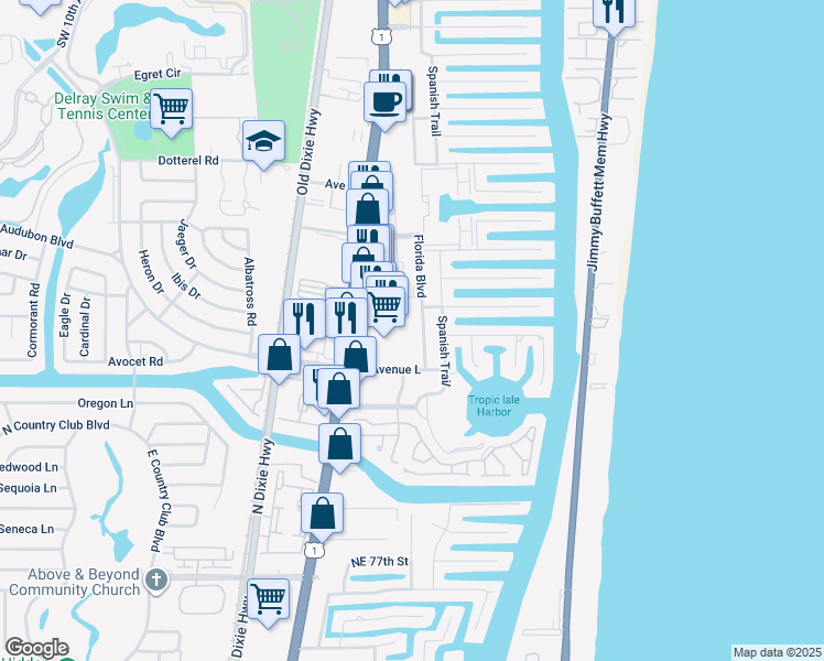 map of restaurants, bars, coffee shops, grocery stores, and more near 3003 Florida Boulevard in Delray Beach