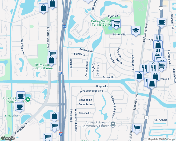 map of restaurants, bars, coffee shops, grocery stores, and more near 3019 Cormorant Road in Delray Beach