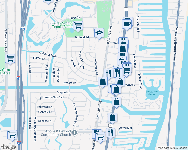 map of restaurants, bars, coffee shops, grocery stores, and more near 505 Ibis Drive in Delray Beach