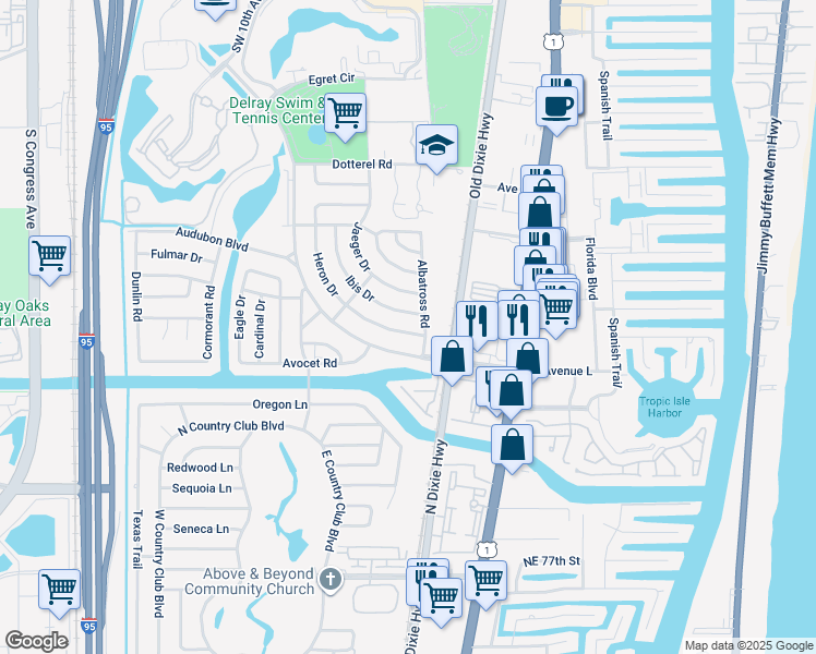 map of restaurants, bars, coffee shops, grocery stores, and more near 505 Ibis Drive in Delray Beach