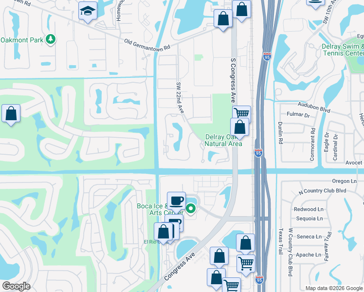 map of restaurants, bars, coffee shops, grocery stores, and more near 2953 Southwest 22nd Circle in Delray Beach