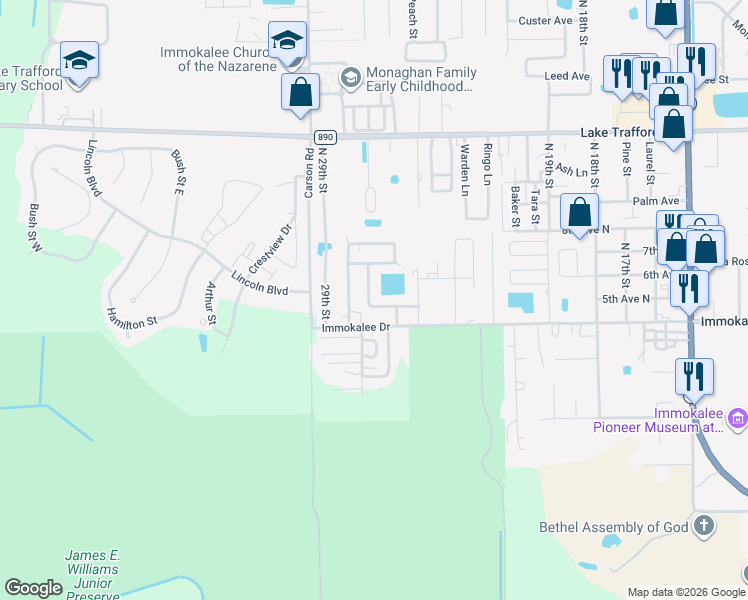 map of restaurants, bars, coffee shops, grocery stores, and more near 578 El Paso Trail in Immokalee