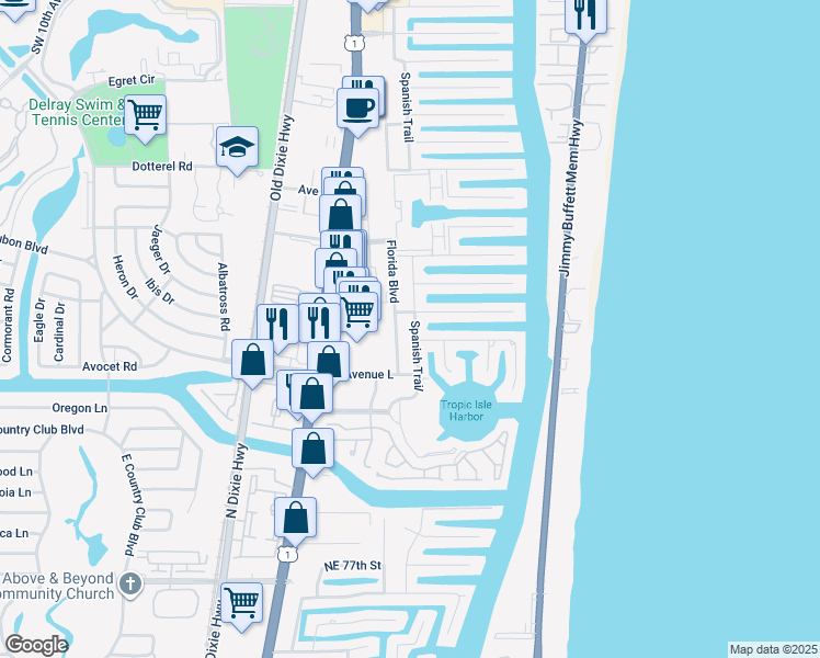 map of restaurants, bars, coffee shops, grocery stores, and more near 3003 Florida Boulevard in Delray Beach