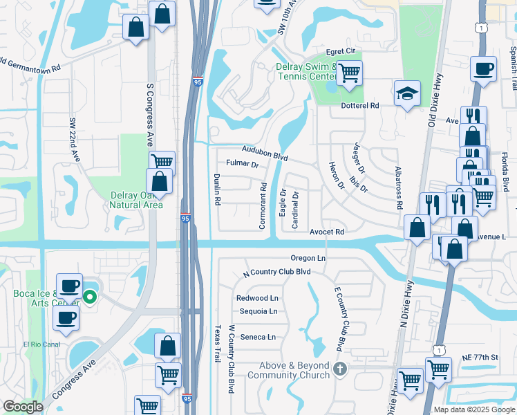 map of restaurants, bars, coffee shops, grocery stores, and more near 3010 Cormorant Road in Delray Beach