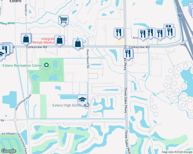 map of restaurants, bars, coffee shops, grocery stores, and more near 9674 Spring Ridge Circle in Estero