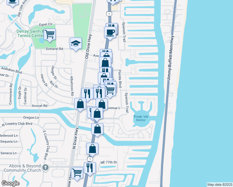 map of restaurants, bars, coffee shops, grocery stores, and more near 3000 Florida Boulevard in Delray Beach