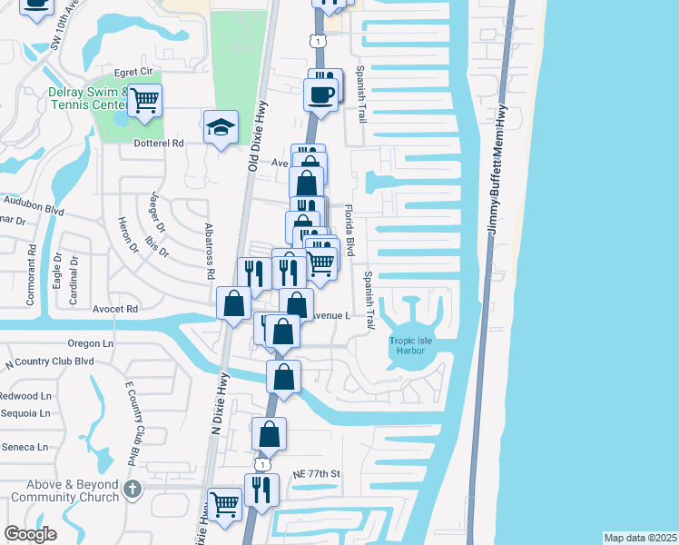 map of restaurants, bars, coffee shops, grocery stores, and more near 2950 Florida Boulevard in Delray Beach