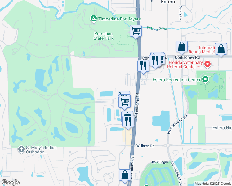 map of restaurants, bars, coffee shops, grocery stores, and more near 3620 Lansing Loop in Estero