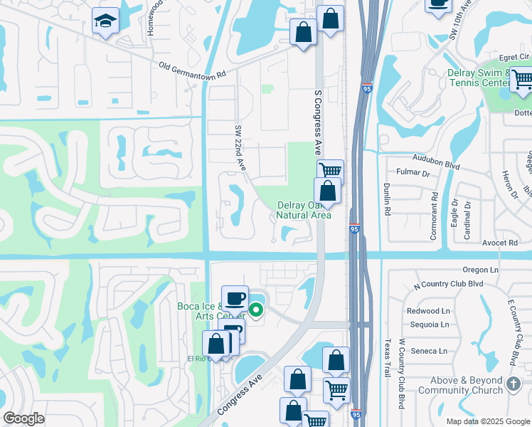 map of restaurants, bars, coffee shops, grocery stores, and more near 3009 Southwest 21st Terrace in Delray Beach