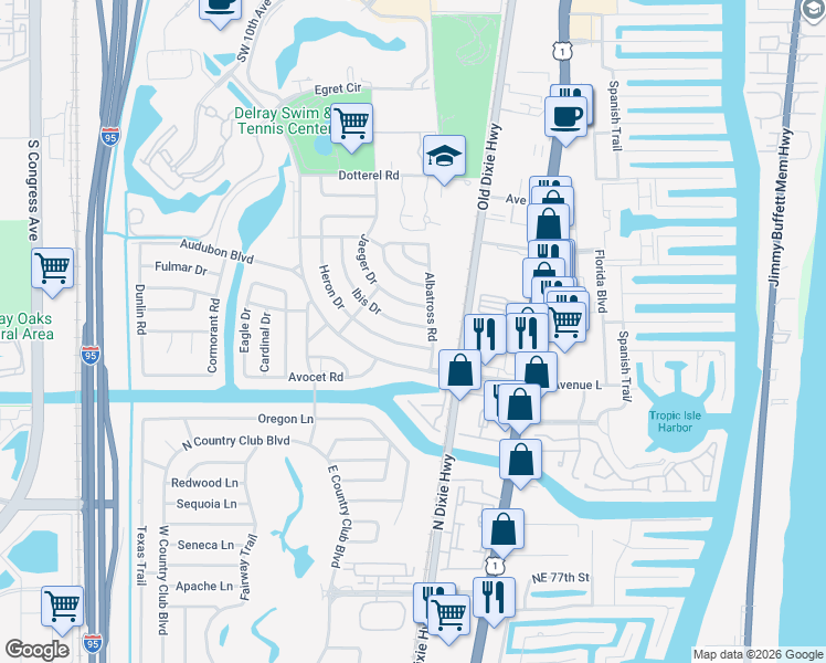 map of restaurants, bars, coffee shops, grocery stores, and more near 510 Ibis Drive in Delray Beach