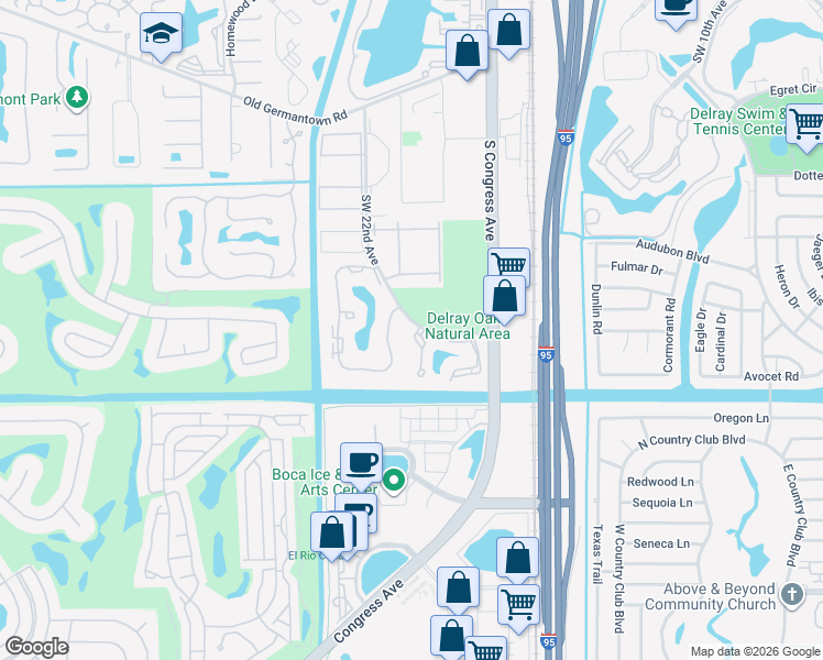 map of restaurants, bars, coffee shops, grocery stores, and more near 3009 Southwest 21st Terrace in Delray Beach