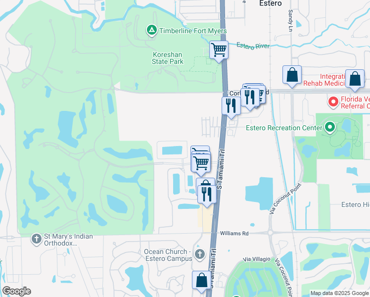 map of restaurants, bars, coffee shops, grocery stores, and more near 3610 Lansing Loop in Estero