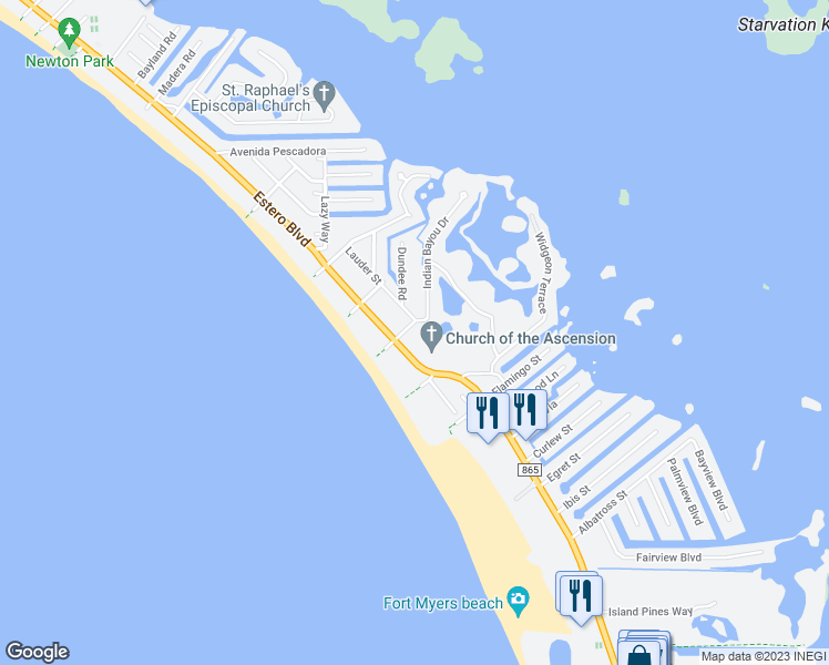 map of restaurants, bars, coffee shops, grocery stores, and more near 182 Lanark Avenue in Fort Myers Beach