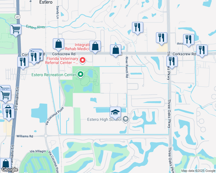 map of restaurants, bars, coffee shops, grocery stores, and more near 21524 Oaks of Estero Circle in Estero