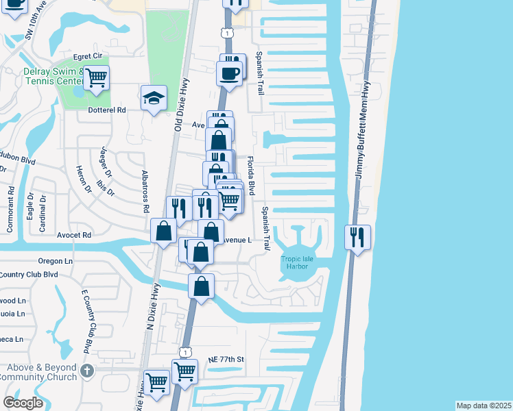map of restaurants, bars, coffee shops, grocery stores, and more near 3003 Florida Boulevard in Delray Beach