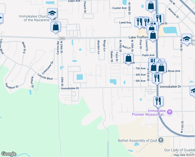 map of restaurants, bars, coffee shops, grocery stores, and more near 2364 Esperanza Way in Immokalee