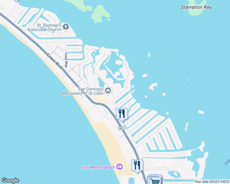 map of restaurants, bars, coffee shops, grocery stores, and more near 21171 Noddy Tern Drive in Fort Myers Beach