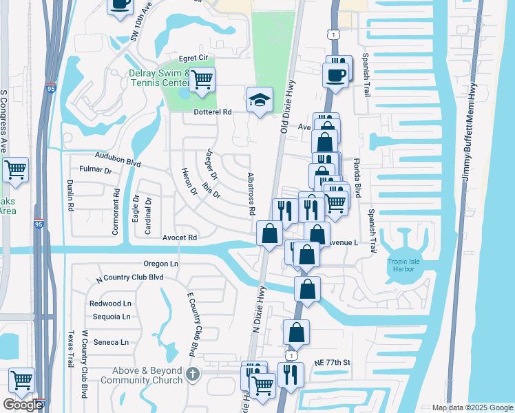 map of restaurants, bars, coffee shops, grocery stores, and more near 3101 Albatross Road in Delray Beach