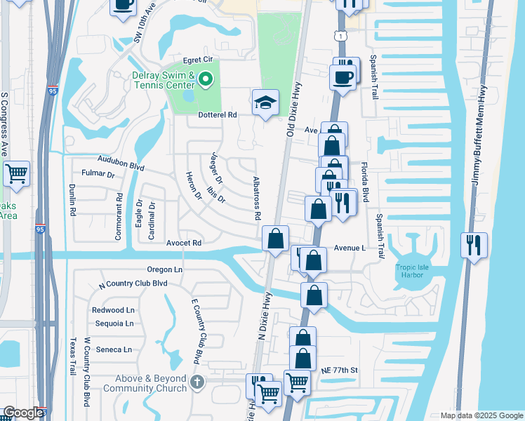 map of restaurants, bars, coffee shops, grocery stores, and more near 3101 Albatross Road in Delray Beach