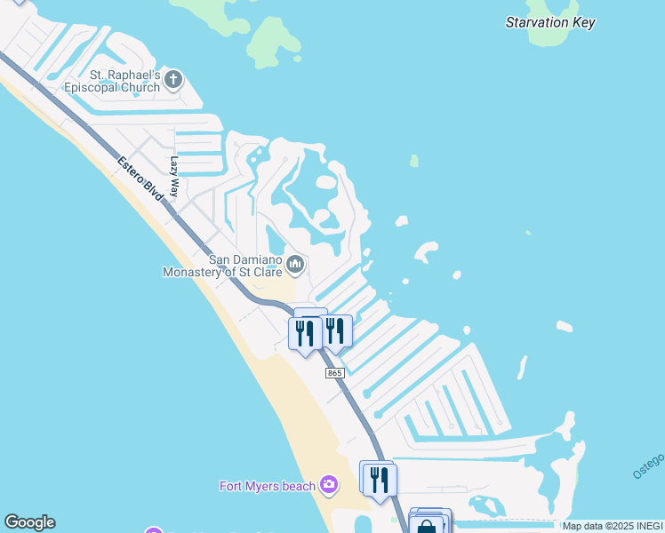 map of restaurants, bars, coffee shops, grocery stores, and more near 21590 Widgeon Terrace in Fort Myers Beach